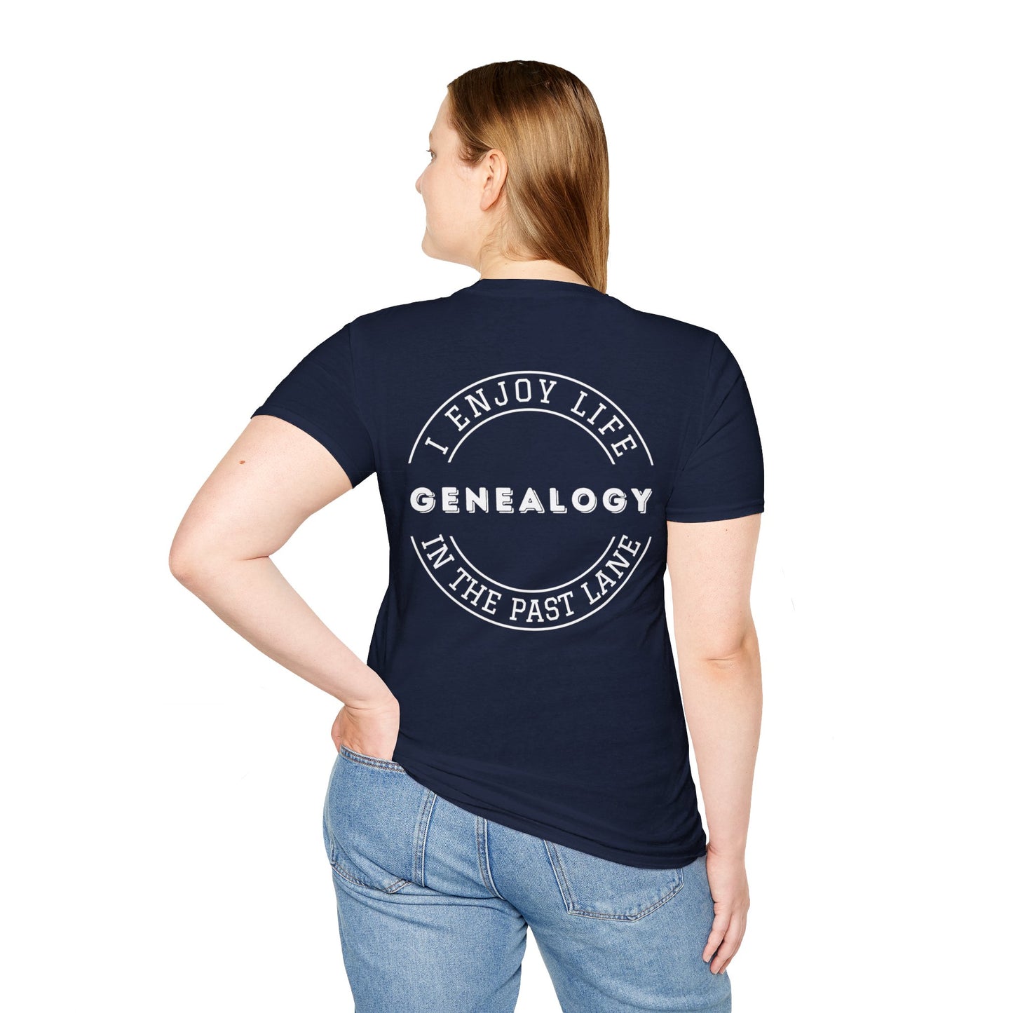 GENEALOGY. I ENJOY LIFE IN THE PAST LANE. Cotton, Short Sleeve, Crew Neck Tee in Dark Colors.