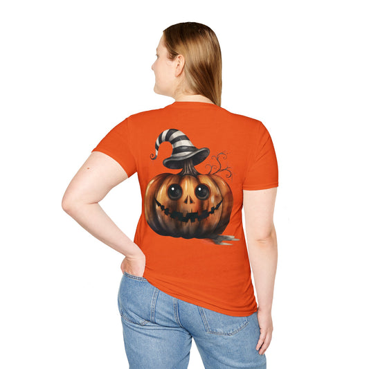 ADORABLE HALLOWEEN PUMPKIN WITH STRIPED HAT. Cotton, Short Sleeve, Crew Neck Tee.