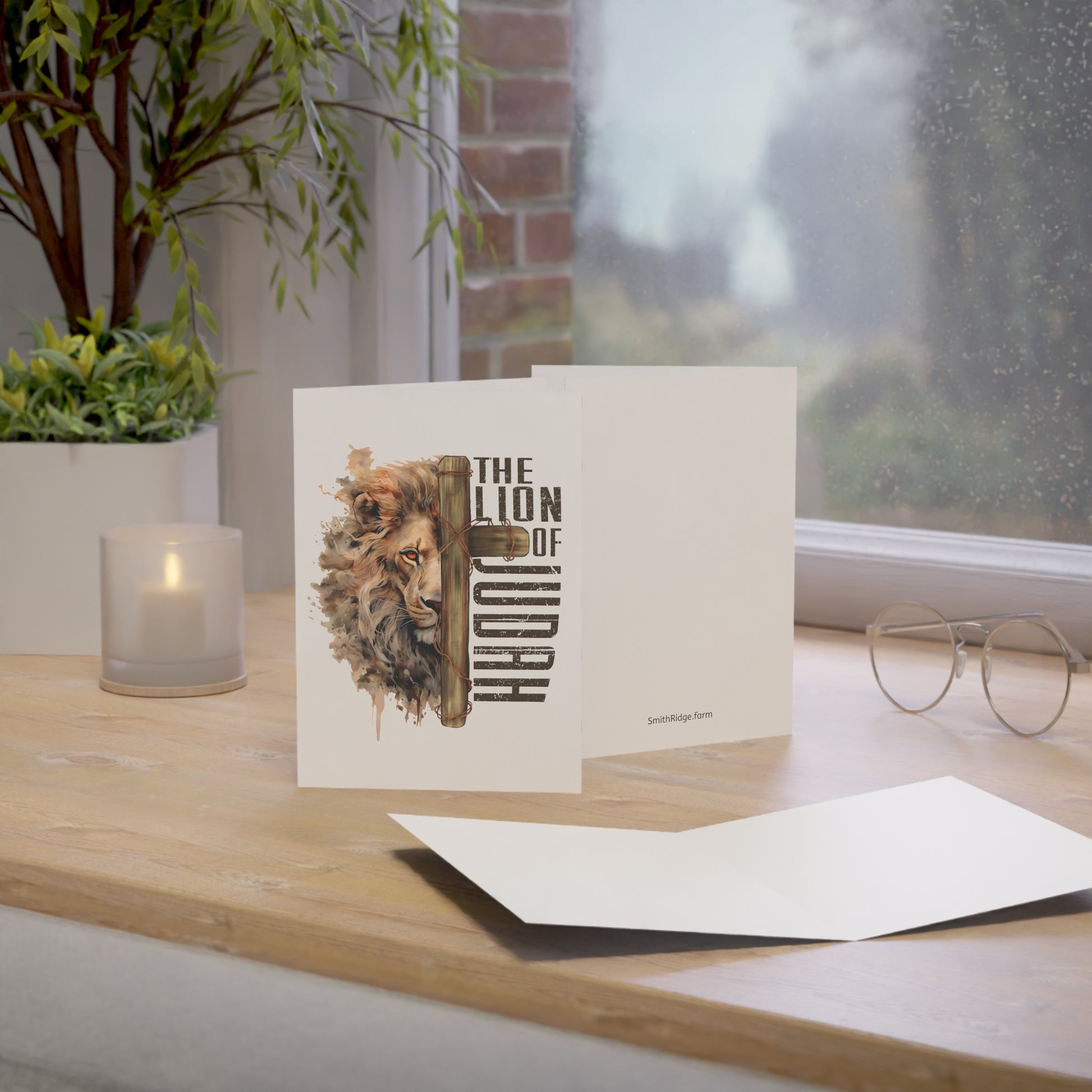 The Lion of Judah Greeting Cards are available in 5" x 7", blank on the inside, and come with envelopes. Perfect for any Holiday or Event. Shop SmithRidge.farm