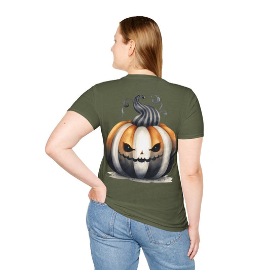 SPOOKY, SASSY, AND FUN HALLOWEEN, WHITE AND ORANGE PUMPKIN. Cotton, Short Sleeve, Crew Neck Tee.