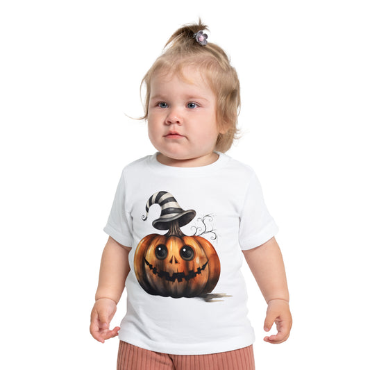 ADORABLE HALLOWEEN PUMPKIN WITH STRIPED HAT. Baby Short Sleeve T-Shirt in Light or Dark Colors.