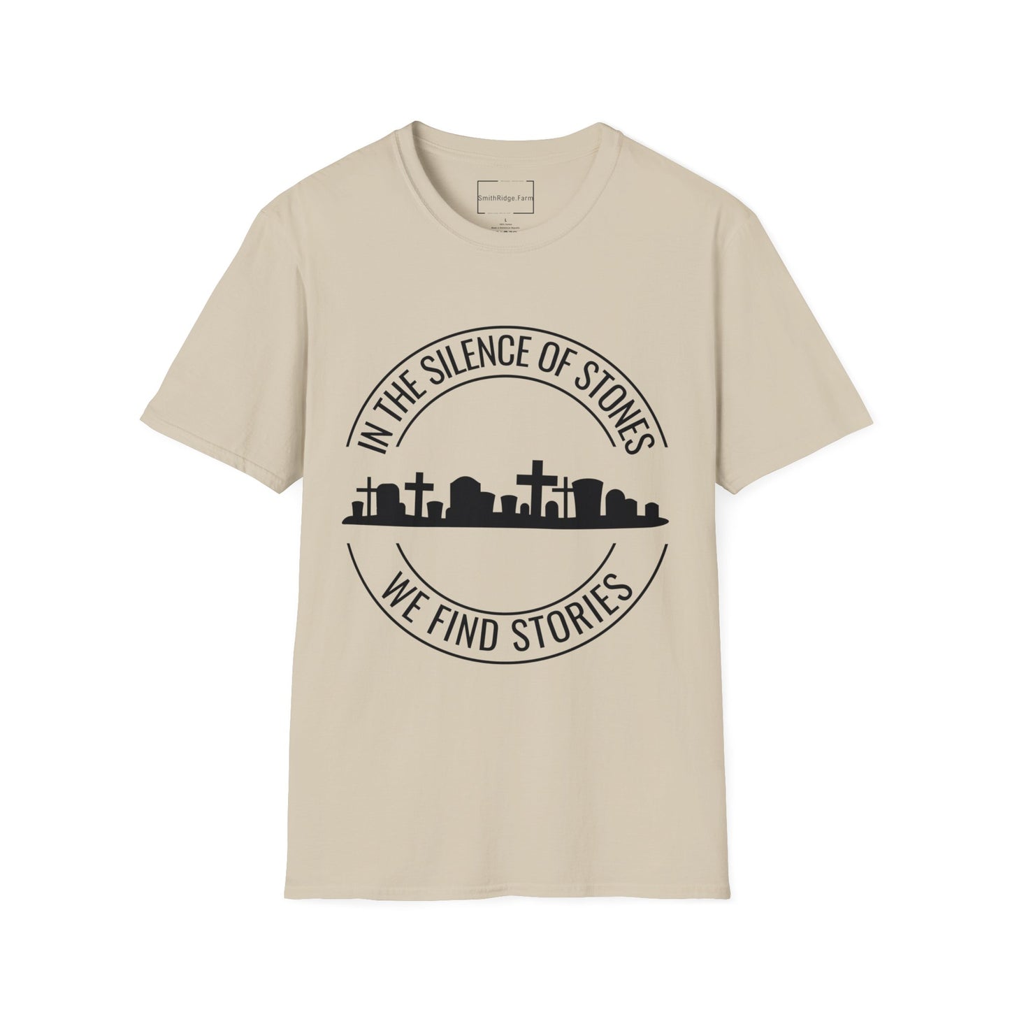 IN THE SILENCE OF STONES WE FIND STORIES. GENEALOGY LOVERS. Cotton, Short Sleeve, Crew Neck Tee in Light Colors.