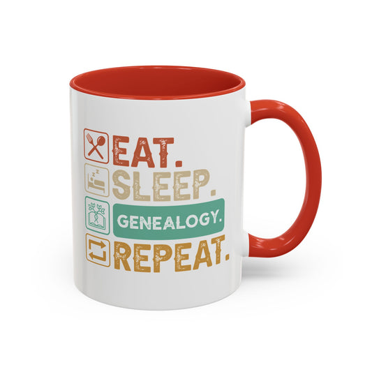 EAT. SLEEP. GENEALOGY. REPEAT. 11oz Coffee, Tea, or Hot Chocolate Mug.