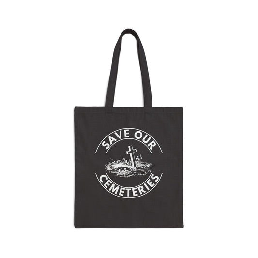 SAVE OUR CEMETERIES. Cotton Canvas Tote Bag in Black.