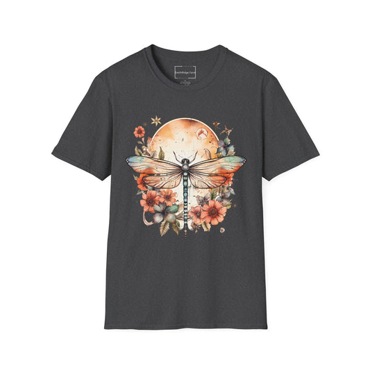 DRAGONFLY WITH FLOWERS. Cotton, Short Sleeve, Crew Neck Tee.