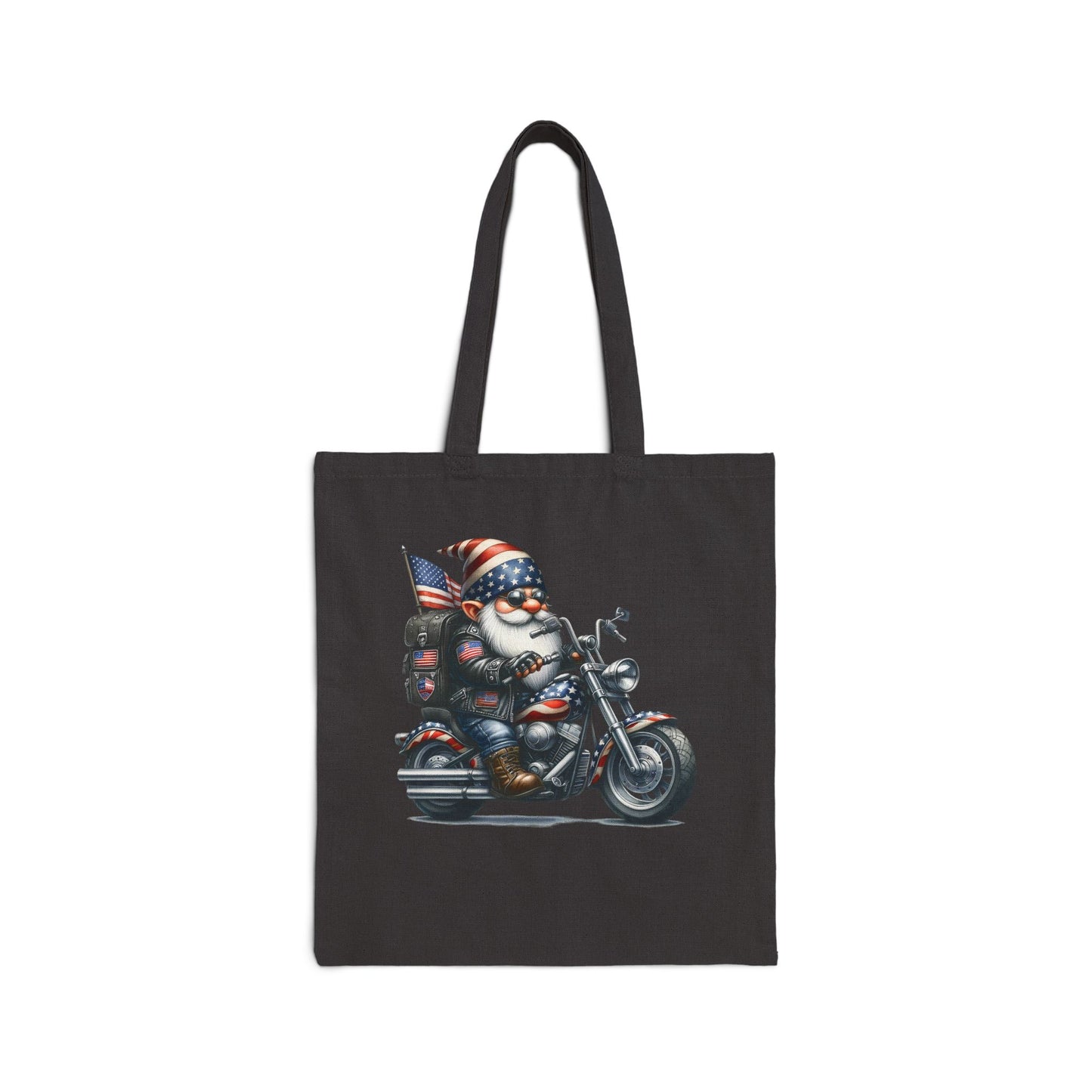 BIKER GNOME, AMERICAN FLAG THEME BIKER. Cotton Canvas Tote Bag in Black, or Natural.