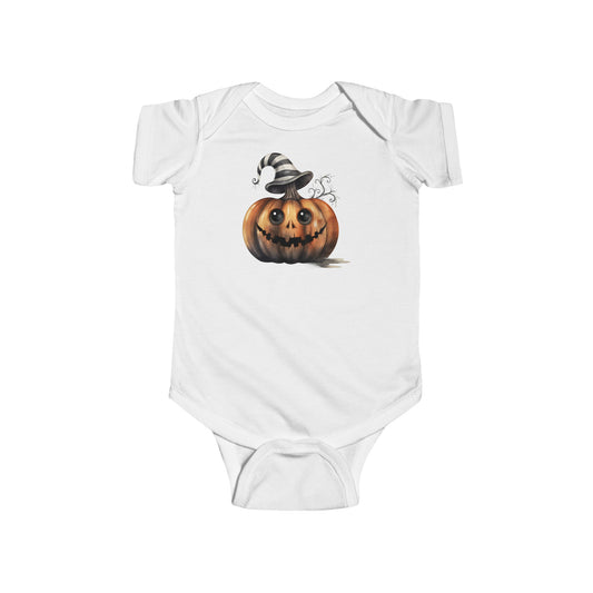 ADORABLE HALLOWEEN PUMPKIN WITH STRIPED HAT. Infant Fine Jersey Bodysuit in Light Colors.