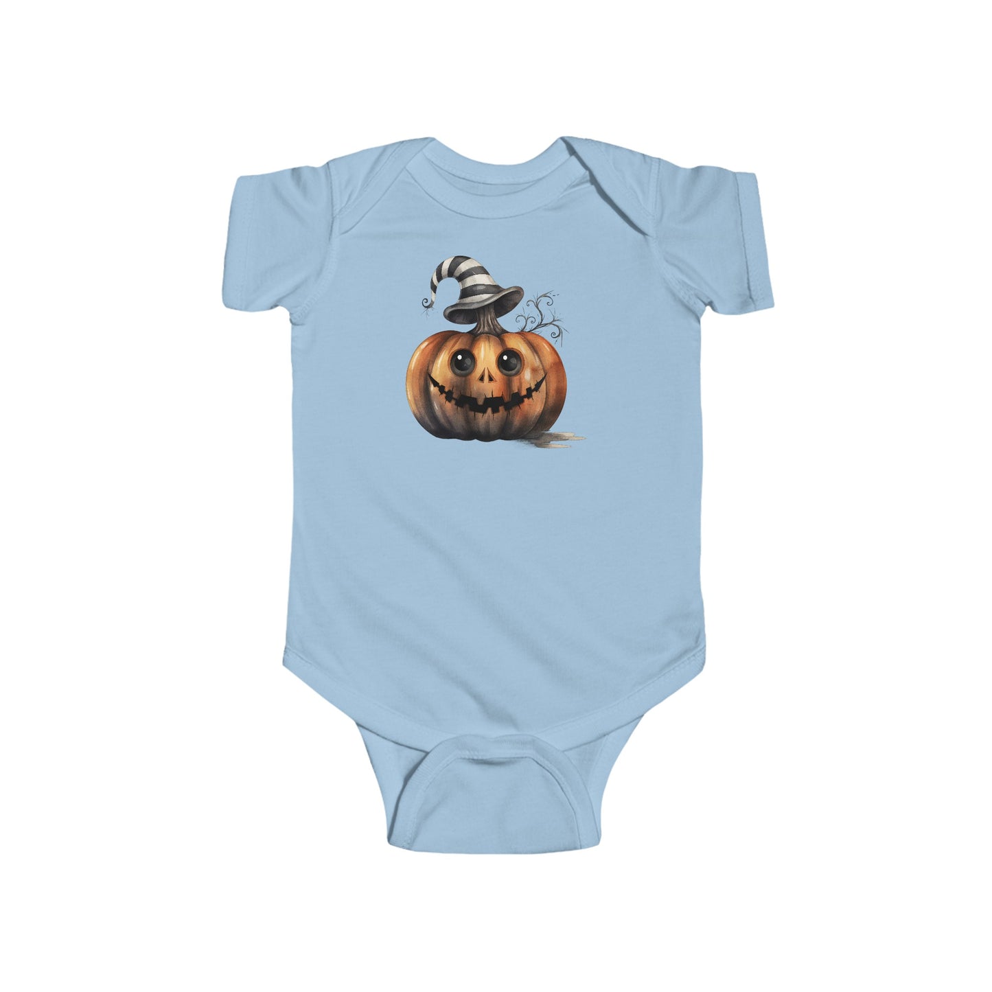 ADORABLE HALLOWEEN PUMPKIN WITH STRIPED HAT. Infant Fine Jersey Bodysuit in Light Colors.