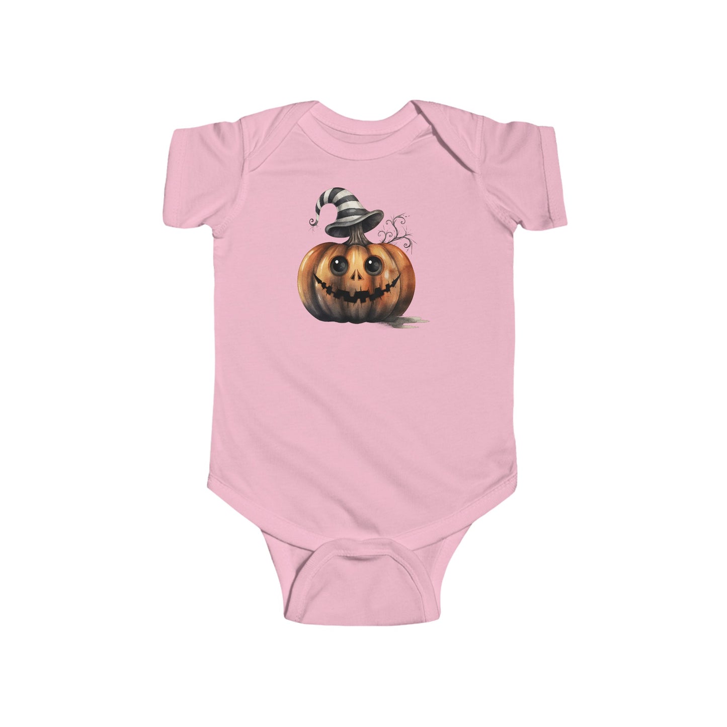 ADORABLE HALLOWEEN PUMPKIN WITH STRIPED HAT. Infant Fine Jersey Bodysuit in Light Colors.