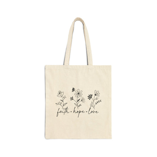 FAITH, HOPE, LOVE, FLOWERS.. Cotton Canvas Tote Bag in Natural.