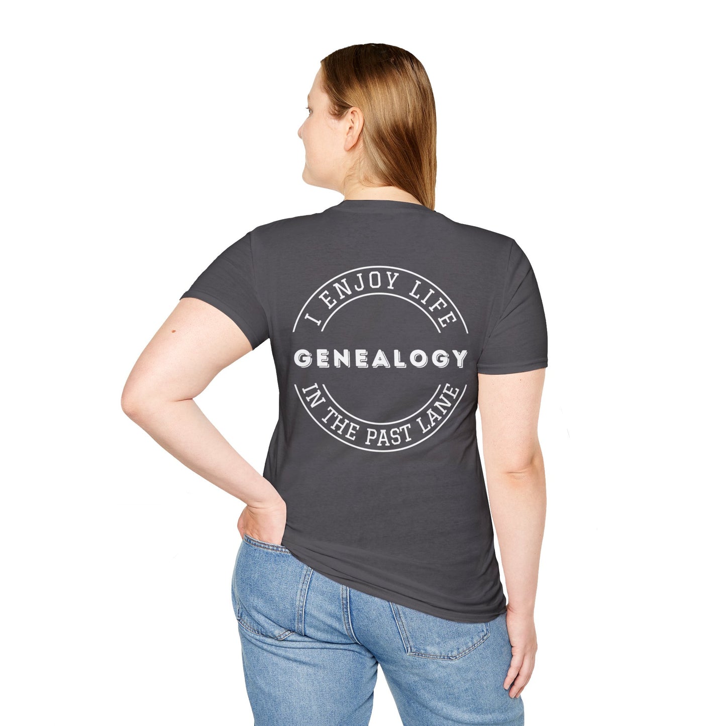 GENEALOGY. I ENJOY LIFE IN THE PAST LANE. Cotton, Short Sleeve, Crew Neck Tee in Dark Colors.