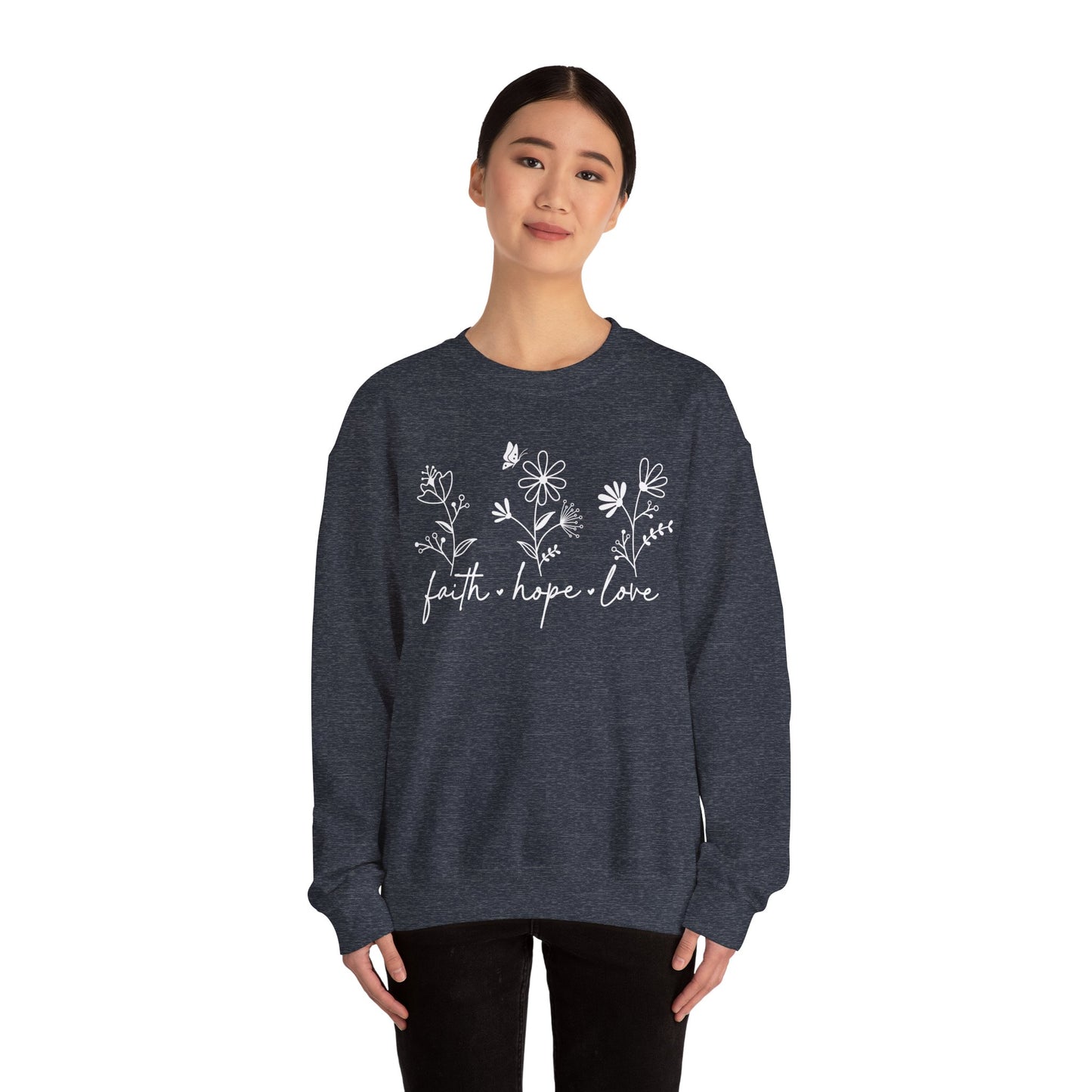 FAITH, HOPE, LOVE, FLOWERS. Unisex Heavy Blend Crewneck Sweatshirt.