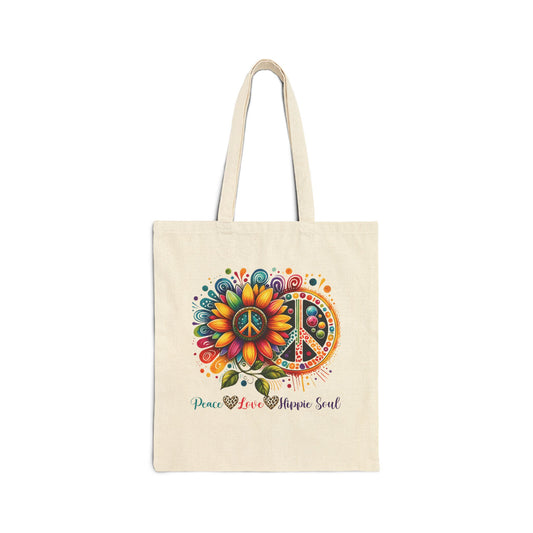 PEACE, LOVE, HIPPIE SOUL. Cotton Canvas Tote Bag in Black, or Natural.