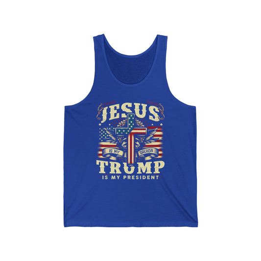 JESUS IS MY SAVIOR TRUMP IS MY PRESIDENT. Unisex Jersey Tank Top.