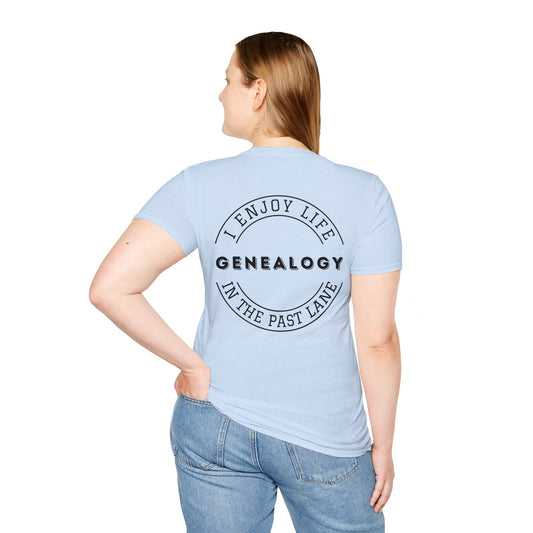 GENEALOGY. I ENJOY LIFE IN THE PAST LANE. Cotton, Short Sleeve, Crew Neck Tee in Light Colors.