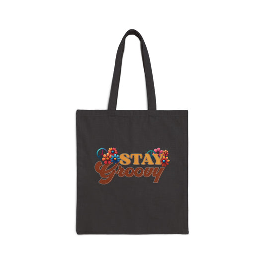 STAY GROOVY. Cotton Canvas Tote Bag in Black, or Natural.