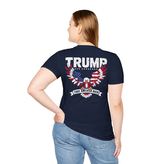 TRUMP WITH AMERICAN FLAG EAGLE TAKE AMERICA BACK. Cotton, Short Sleeve, Crew Neck Tee in Dark Colors.