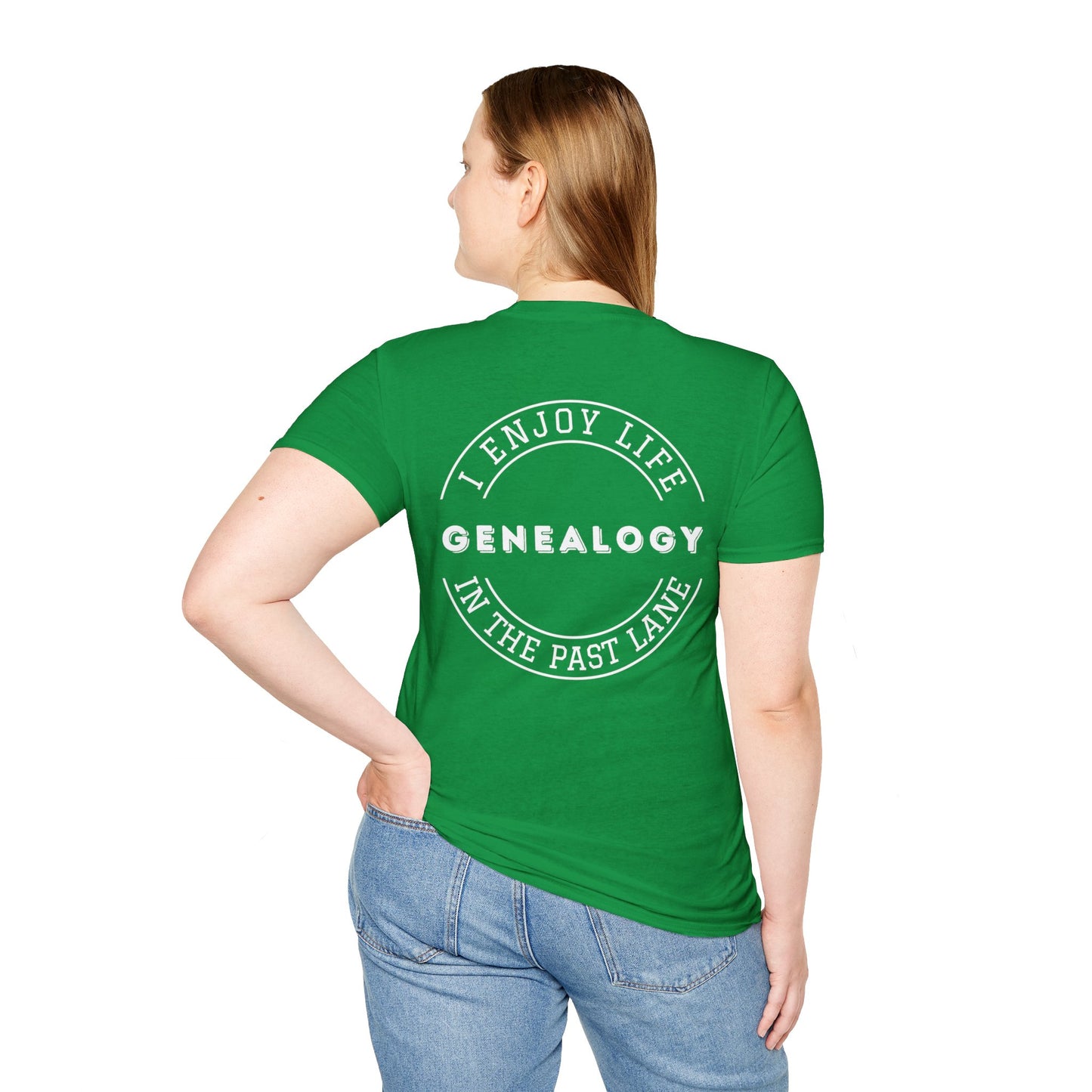 GENEALOGY. I ENJOY LIFE IN THE PAST LANE. Cotton, Short Sleeve, Crew Neck Tee in Dark Colors.