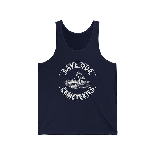 SAVE OUR CEMETERIES. Unisex Jersey Tank Top in Dark Colors.