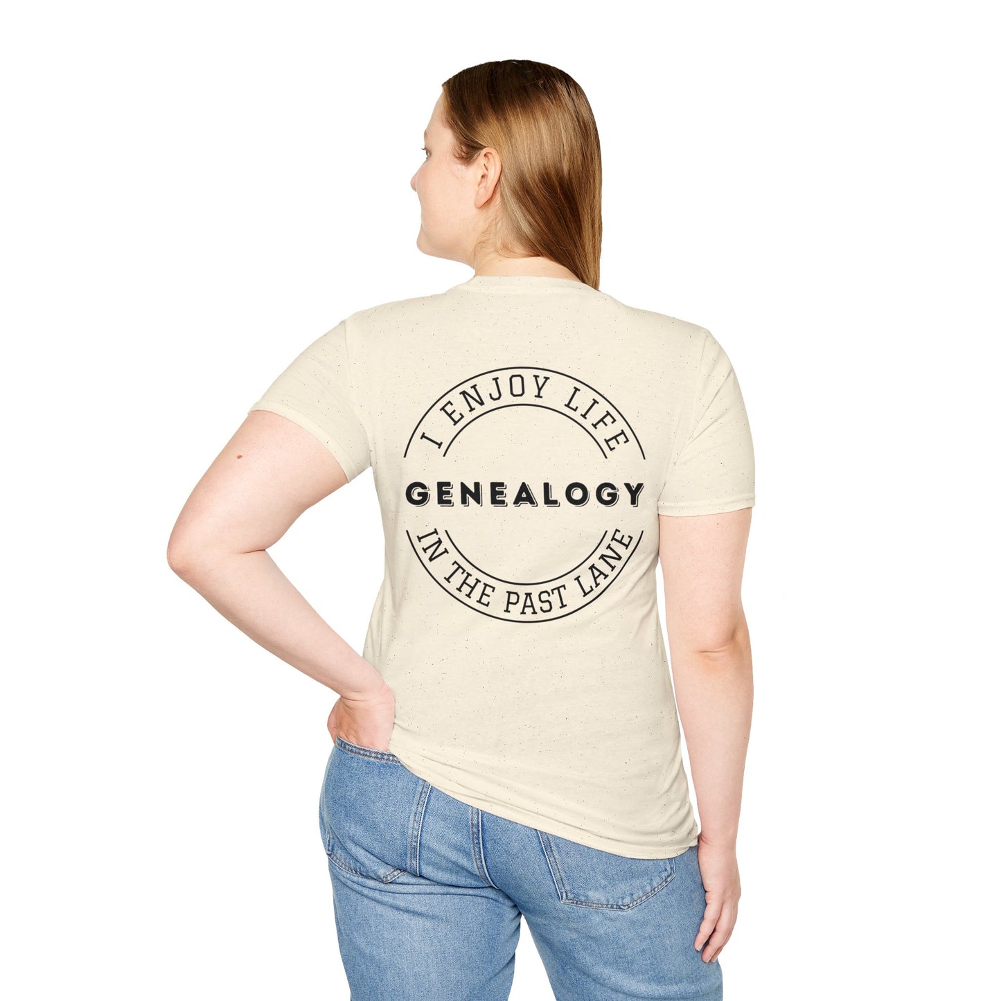 GENEALOGY. I ENJOY LIFE IN THE PAST LANE. Cotton, Short Sleeve, Crew Neck Tee in Light Colors.