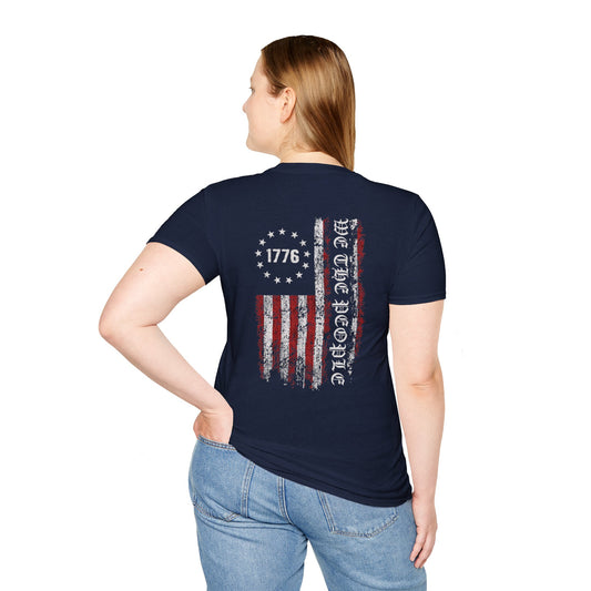 1776 WE THE PEOPLE WITH AMERICAN FLAG. Cotton, Short Sleeve, Crew Neck Tee in Dark Colors.