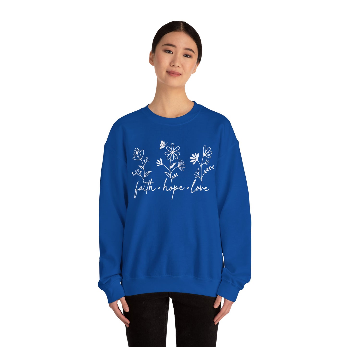 FAITH, HOPE, LOVE, FLOWERS. Unisex Heavy Blend Crewneck Sweatshirt.