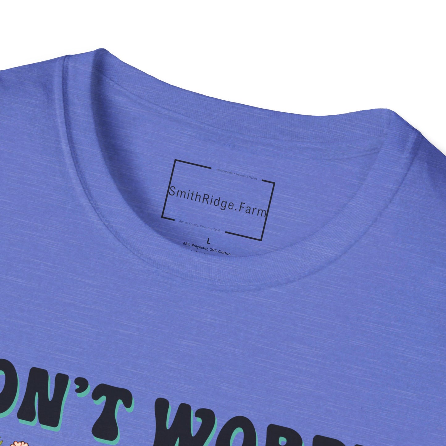 DON'T WORRY, BE HIPPIE. Cotton, Short Sleeve, Crew Neck Tee.