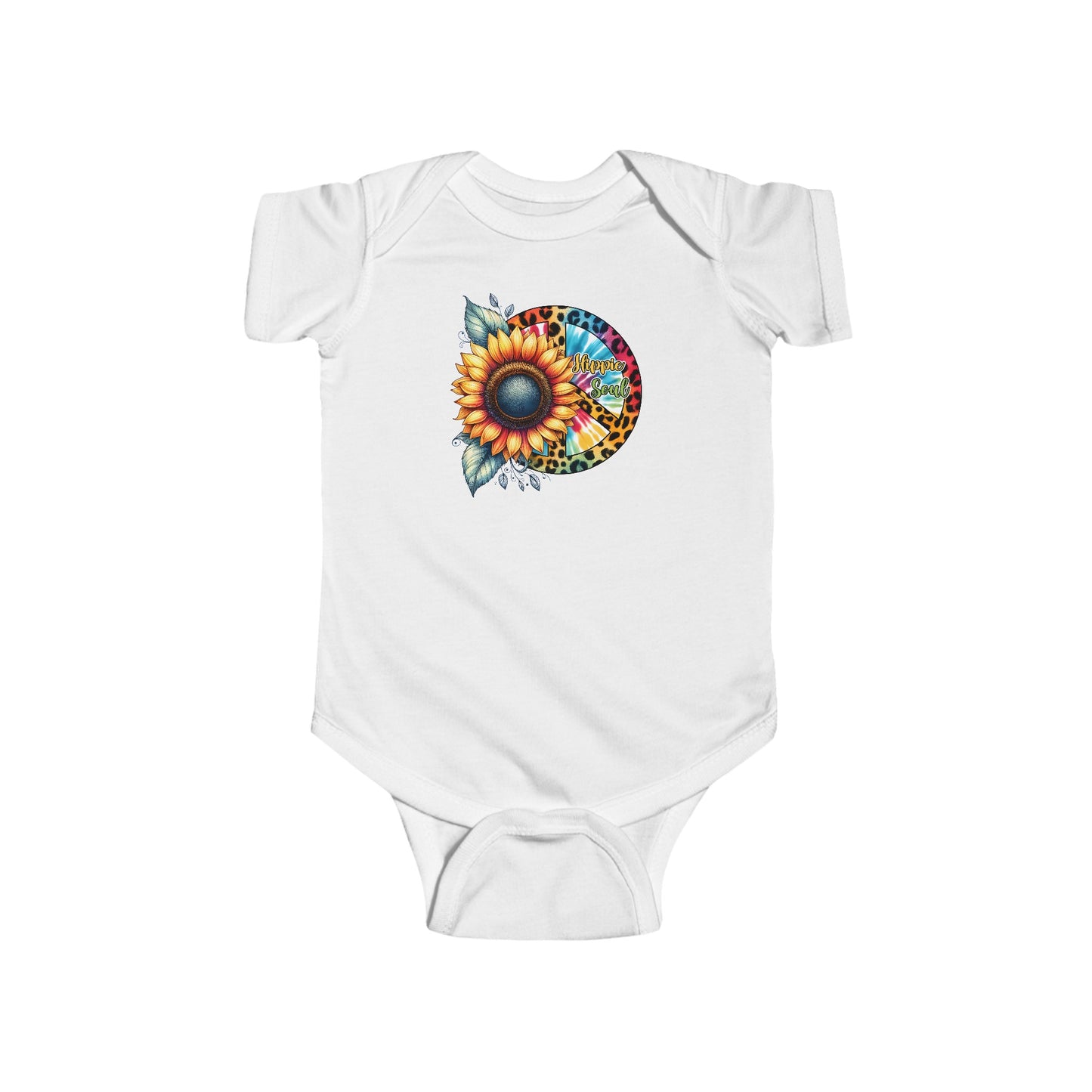 HIPPIE SOUL, SUNFLOWER, PEACE SYMBOL. Infant Fine Jersey Bodysuit.