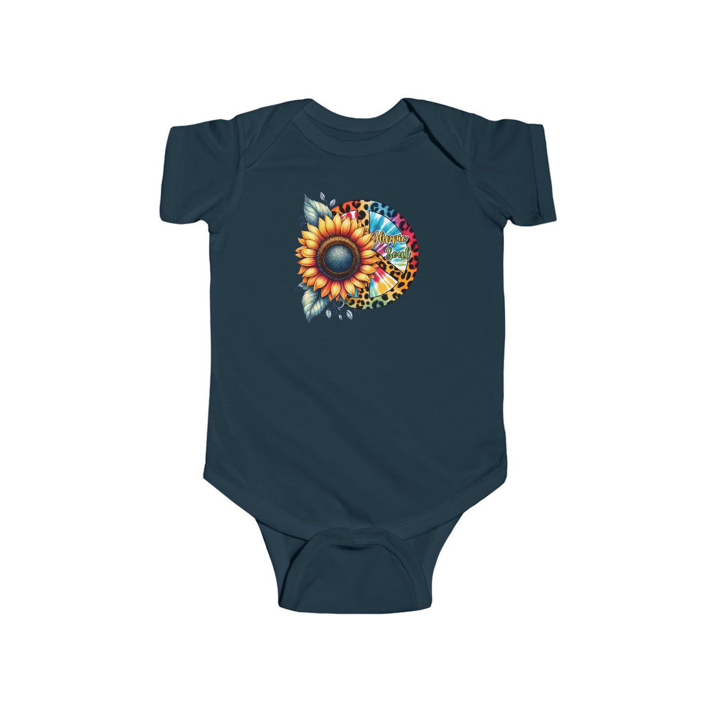 HIPPIE SOUL, SUNFLOWER, PEACE SYMBOL. Infant Fine Jersey Bodysuit.