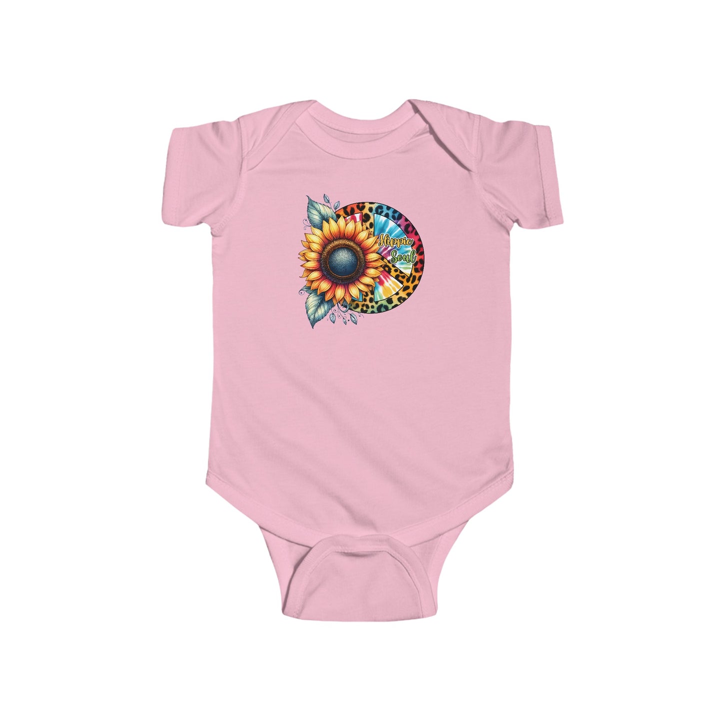 HIPPIE SOUL, SUNFLOWER, PEACE SYMBOL. Infant Fine Jersey Bodysuit.