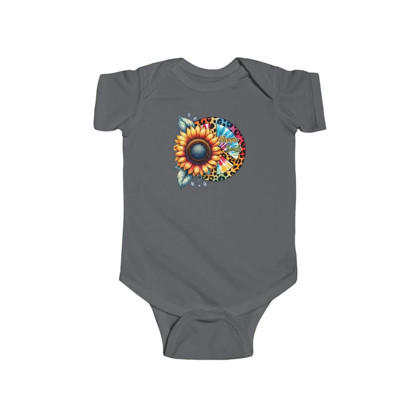 HIPPIE SOUL, SUNFLOWER, PEACE SYMBOL. Infant Fine Jersey Bodysuit.