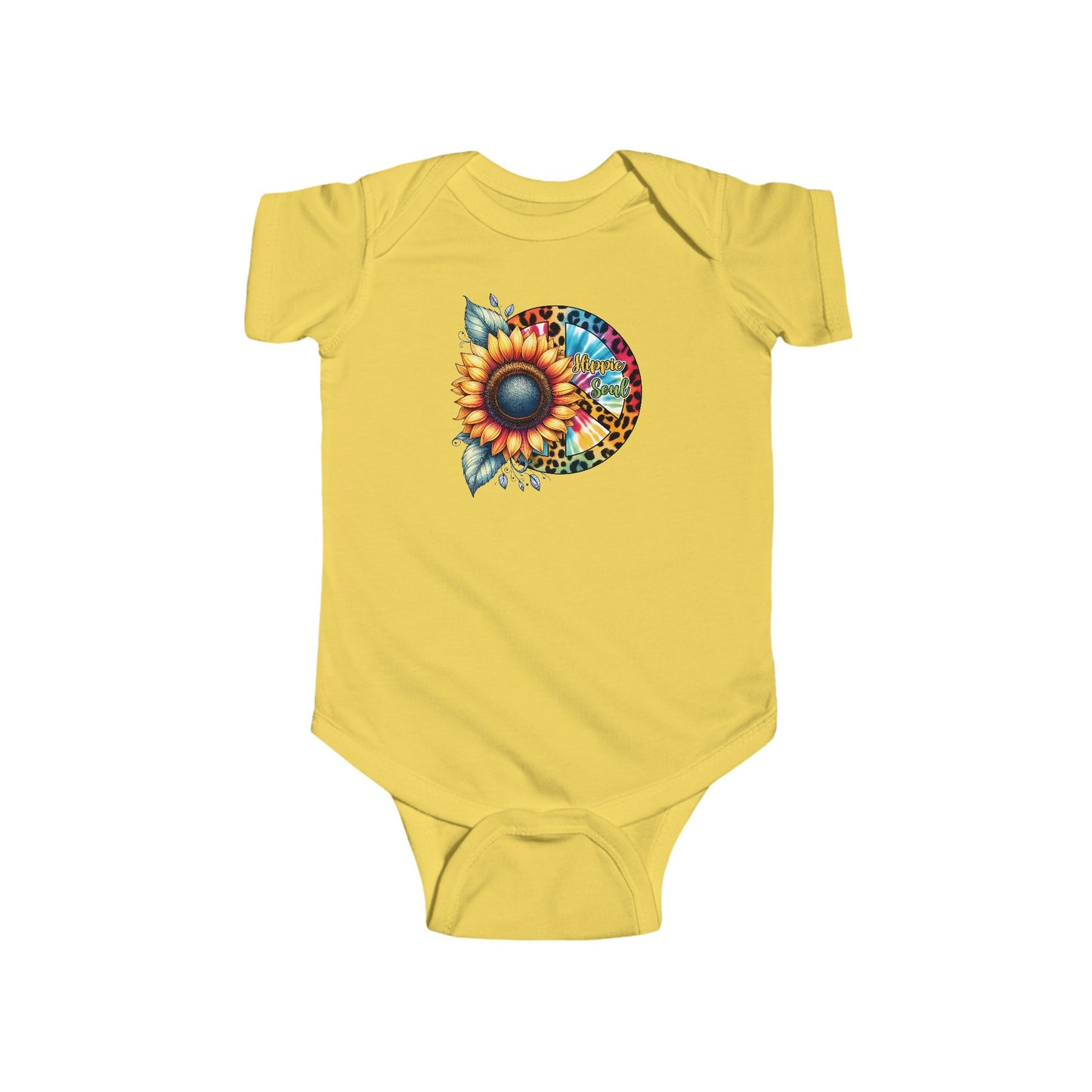 HIPPIE SOUL, SUNFLOWER, PEACE SYMBOL. Infant Fine Jersey Bodysuit.