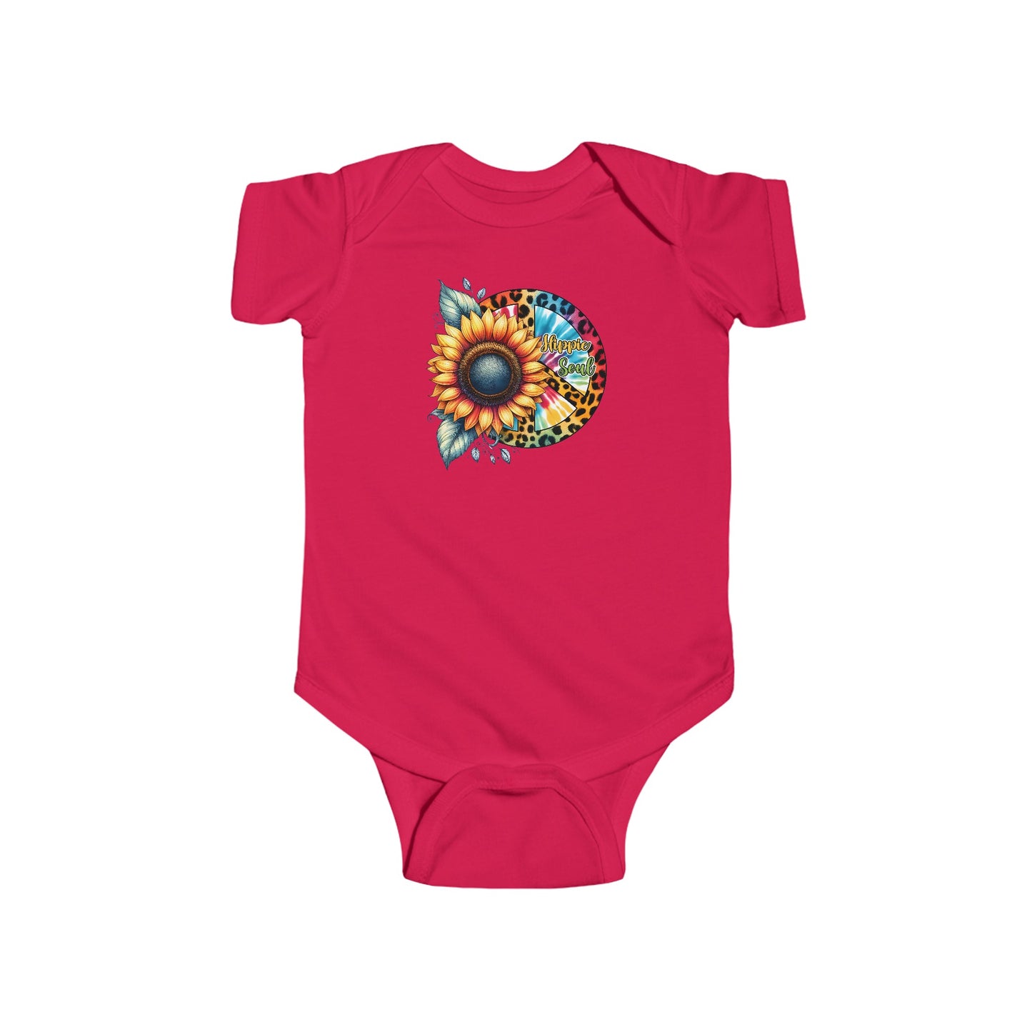 HIPPIE SOUL, SUNFLOWER, PEACE SYMBOL. Infant Fine Jersey Bodysuit.