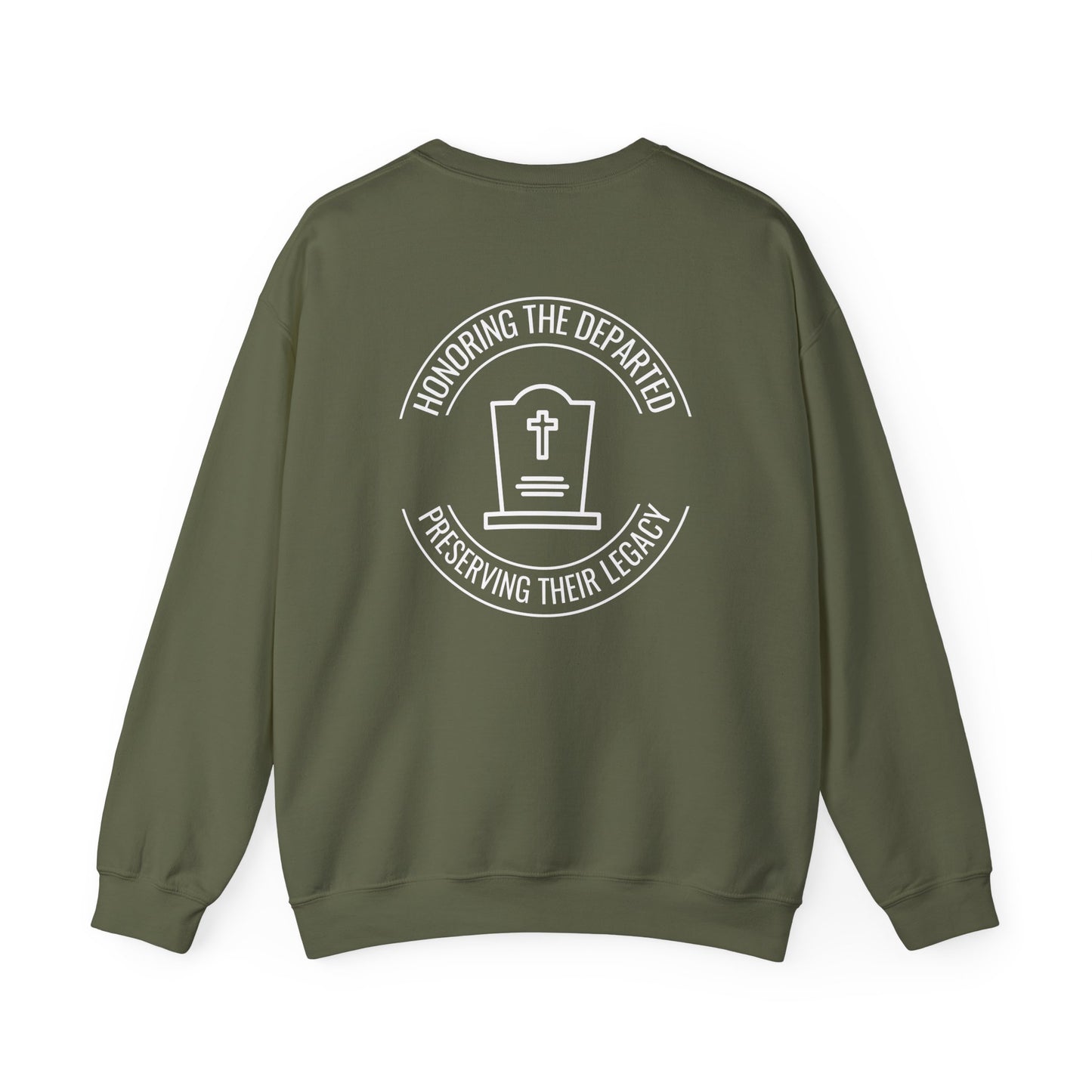 CEMETERY PRESERVATION. HONORING THE DEPARTED. PRESERVING THEIR LEGACY. Unisex Heavy Blend Crewneck Sweatshirt in Dark Colors.