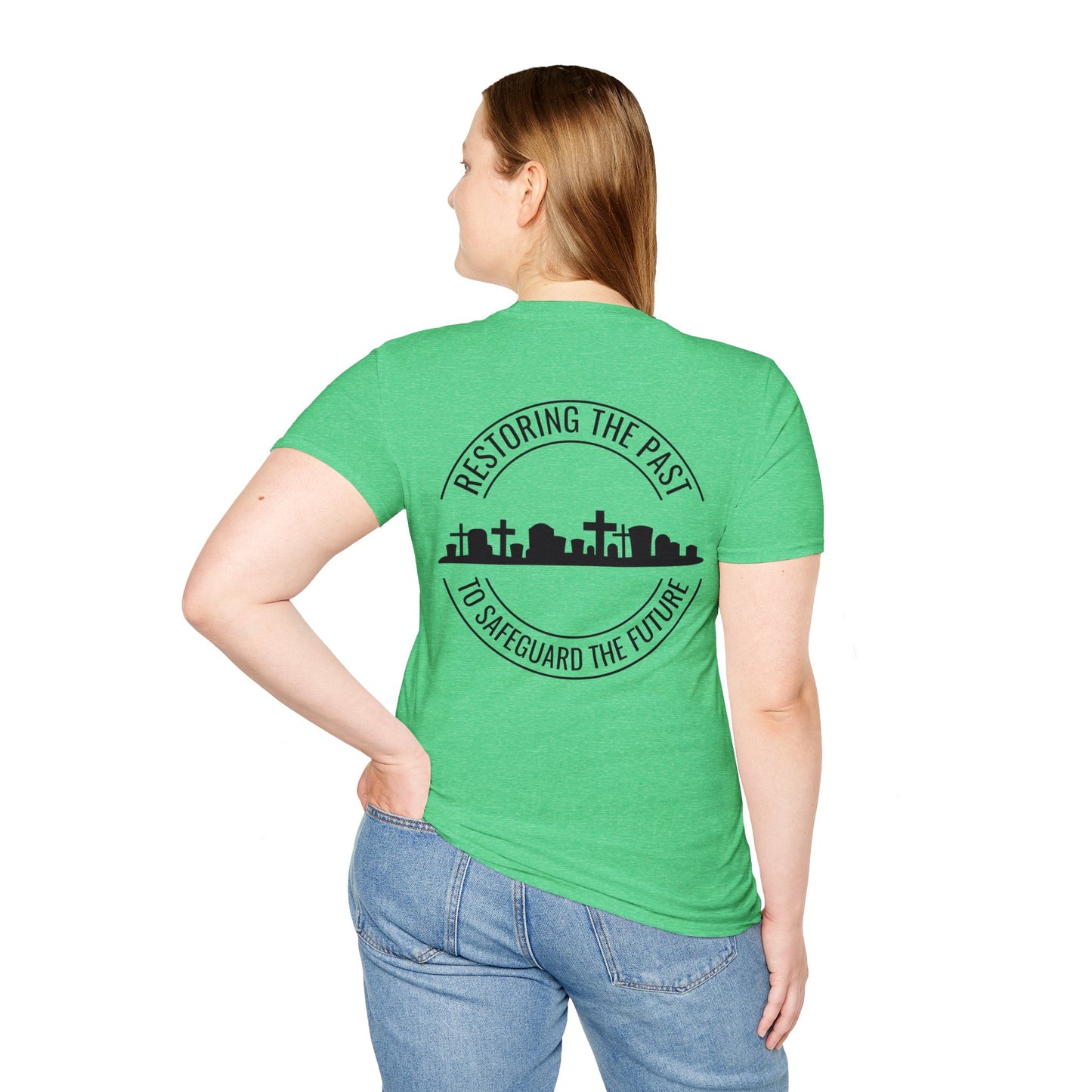 RESTORING THE PAST TO SAFEGUARD THE FUTURE. SAVE OUR CEMETERIES. Cotton, Short Sleeve, Crew Neck Tee in Light Colors.