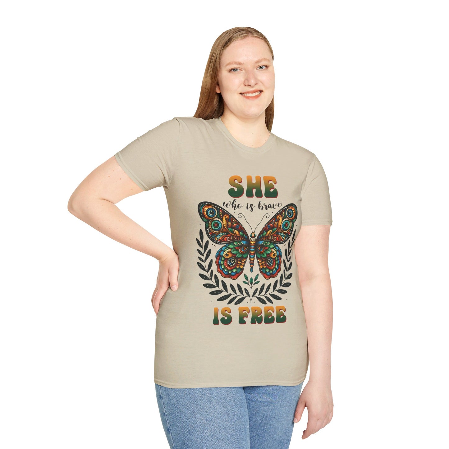 SHE WHO IS BRAVE IS FREE. Cotton, Short Sleeve, Crew Neck Tee.