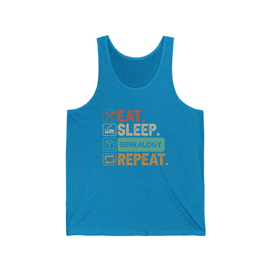 EAT. SLEEP. GENEALOGY. REPEAT. Unisex Jersey Tank Top.