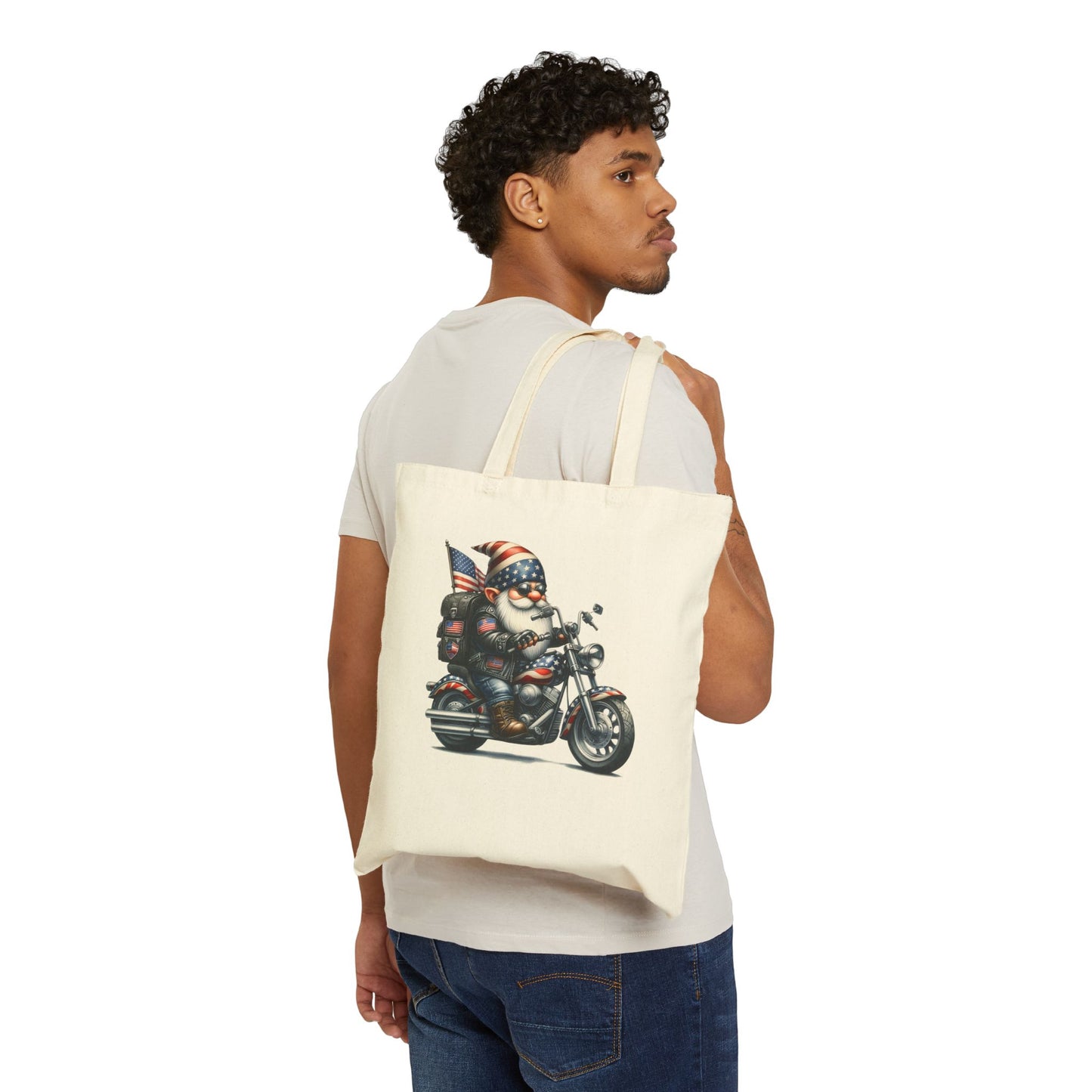 BIKER GNOME, AMERICAN FLAG THEME BIKER. Cotton Canvas Tote Bag in Black, or Natural.