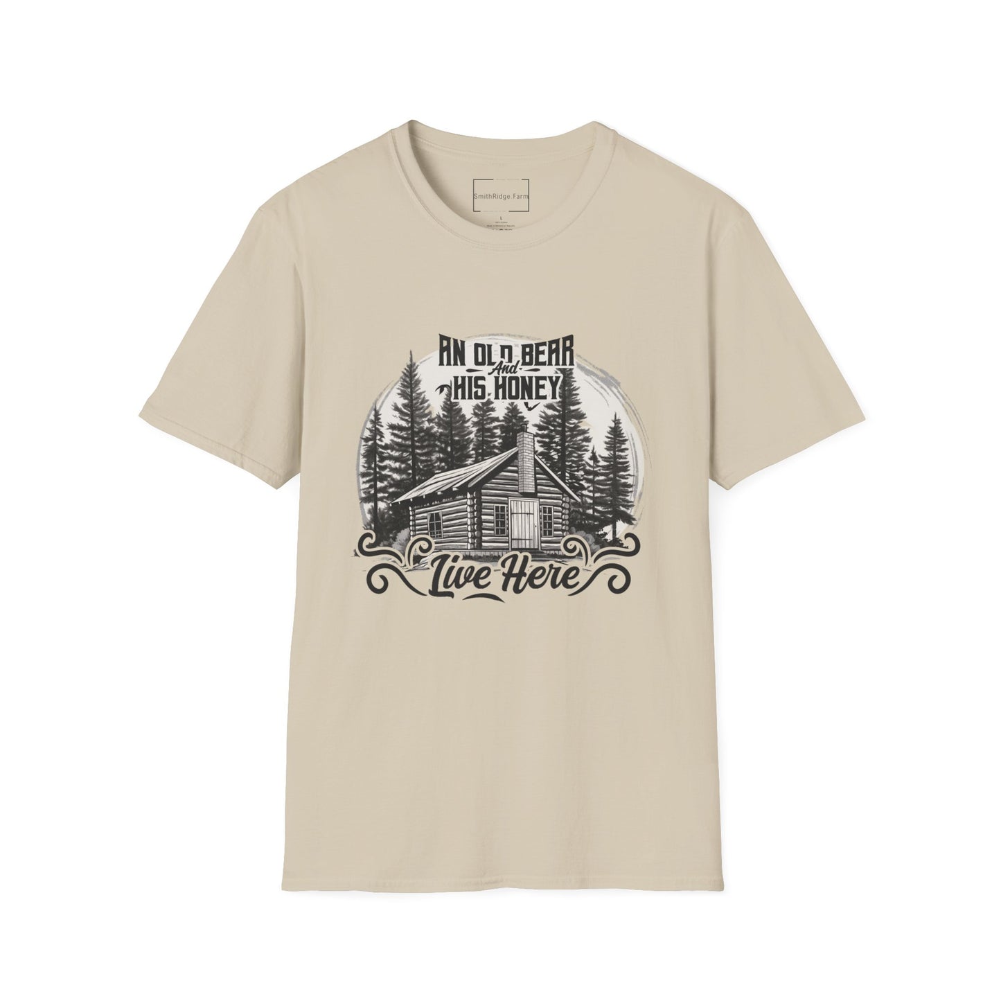 AN OLD BEAR AND HIS HONEY LIVE HERE. Cotton, Short Sleeve, Crew Neck Tee.