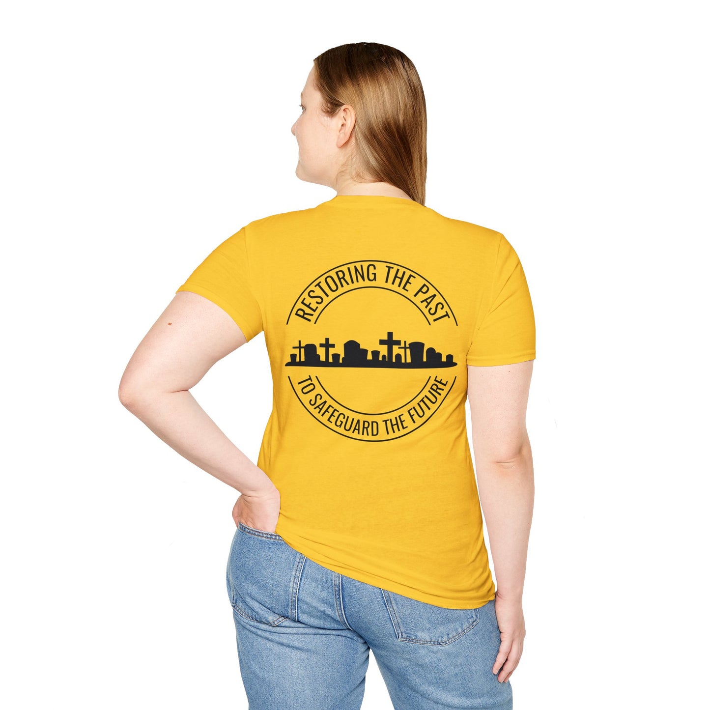 RESTORING THE PAST TO SAFEGUARD THE FUTURE. SAVE OUR CEMETERIES. Cotton, Short Sleeve, Crew Neck Tee in Light Colors.