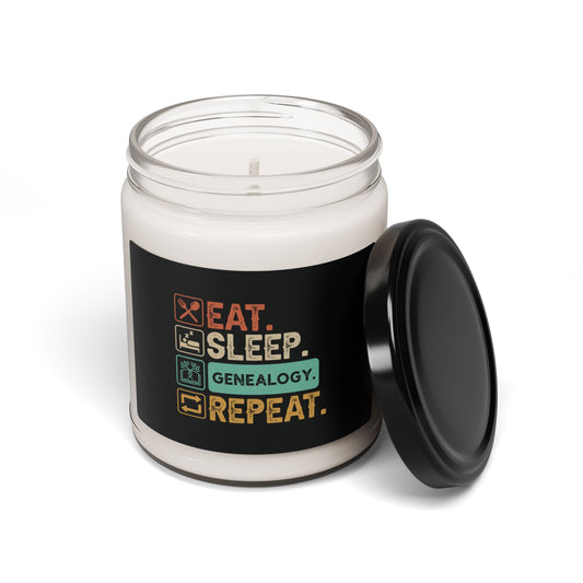 EAT. SLEEP. GENEALOGY. REPEAT. Soy Candle in 9oz Glass Jar, Scented or Unscented.