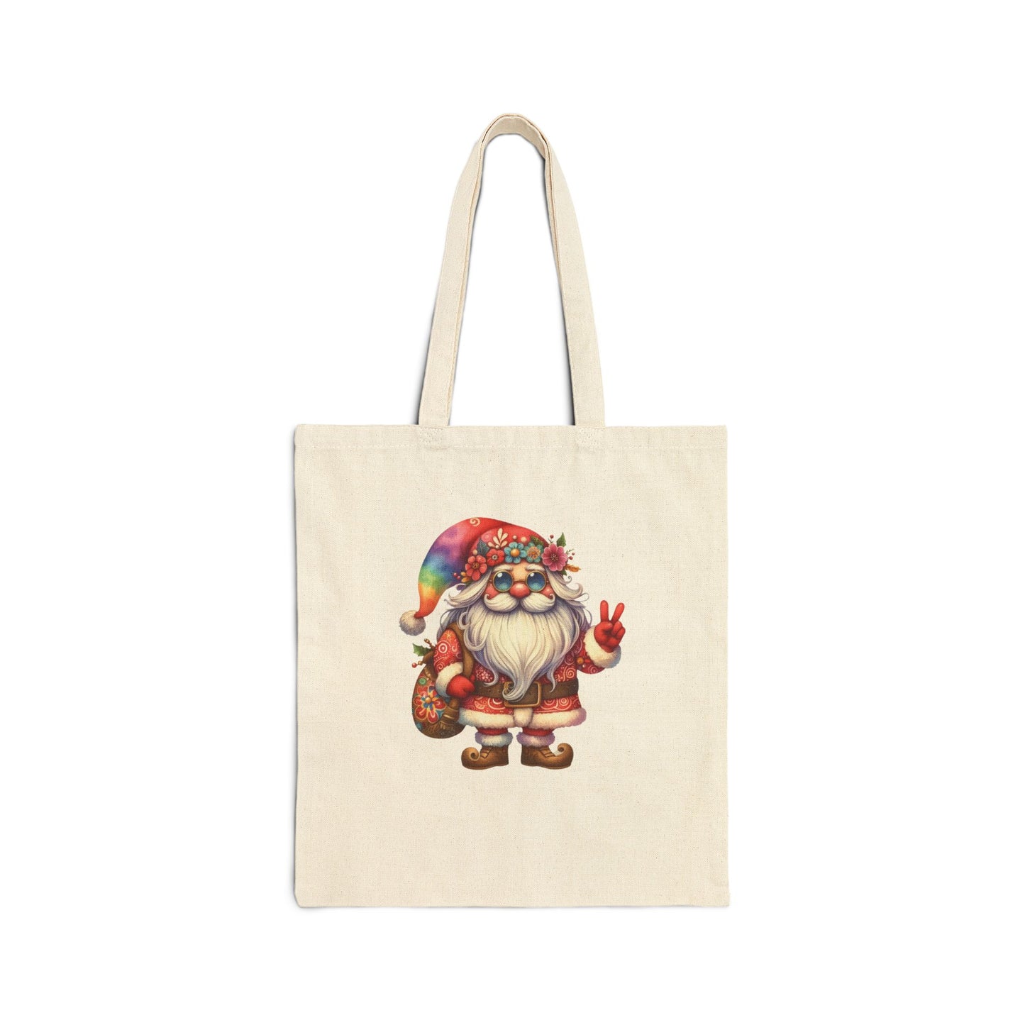 HIPPIE GNOME. CHRISTMAS GNOME. SANTA GNOME. Cotton Canvas Tote Bag in Natural, or Black.