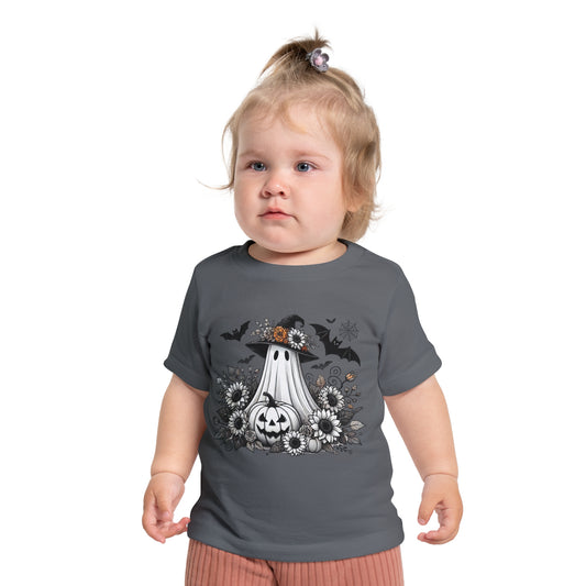 SPOOKY GHOST HALLOWEEN PUMPKINS. Baby Short Sleeve T-Shirt in Light or Dark Colors.