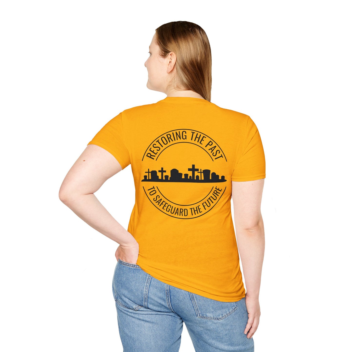 RESTORING THE PAST TO SAFEGUARD THE FUTURE. SAVE OUR CEMETERIES. Cotton, Short Sleeve, Crew Neck Tee in Light Colors.