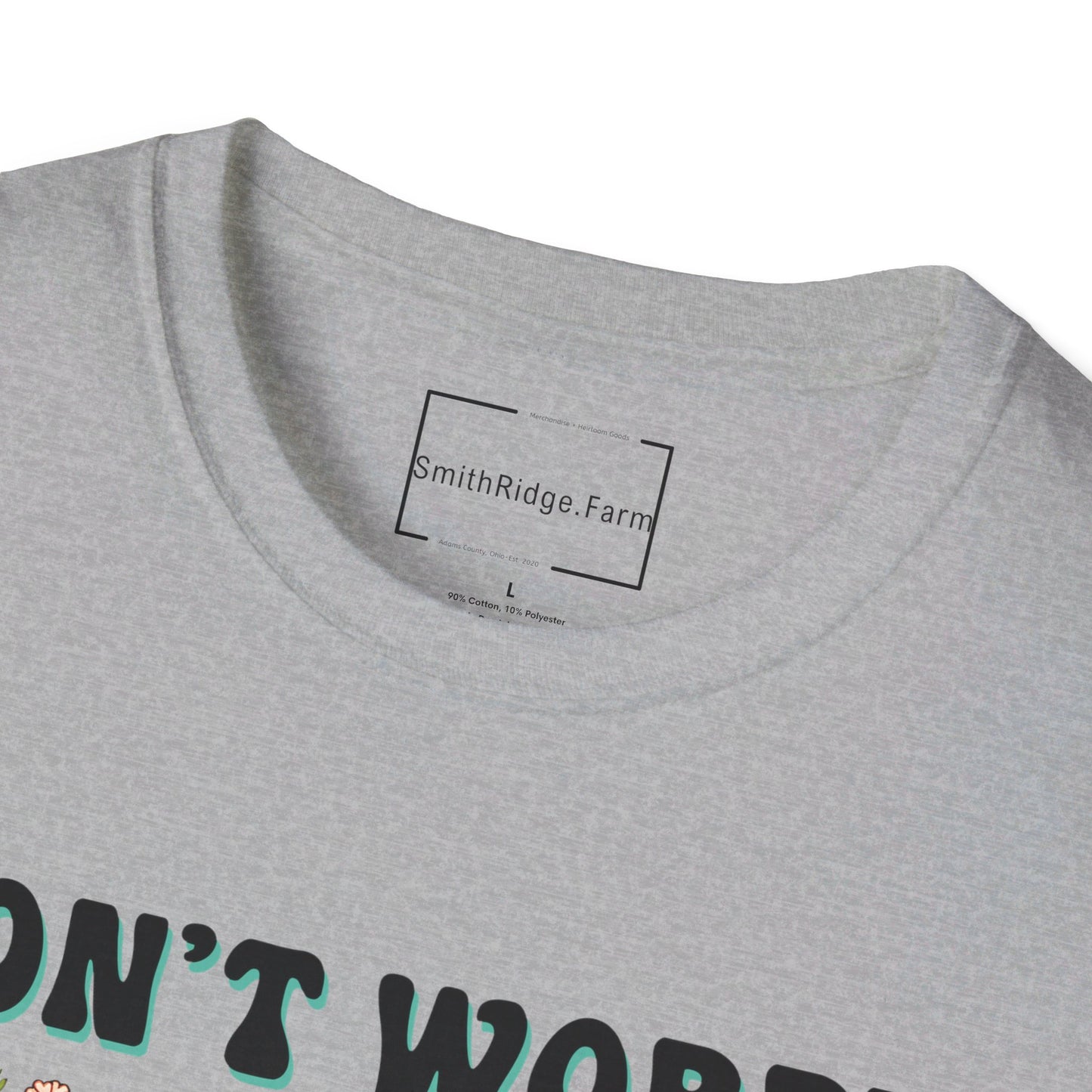 DON'T WORRY, BE HIPPIE. Cotton, Short Sleeve, Crew Neck Tee.