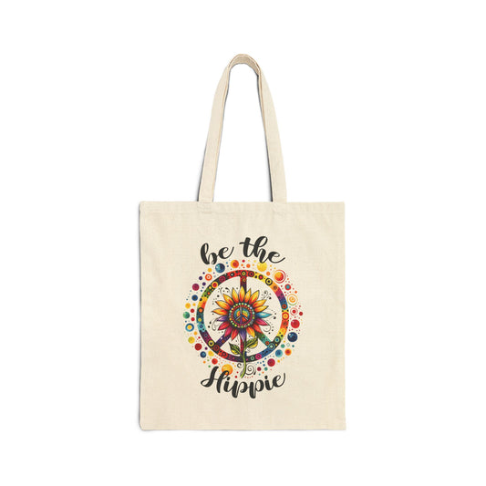 BE THE HIPPIE. Cotton Canvas Tote Bag in Natural.