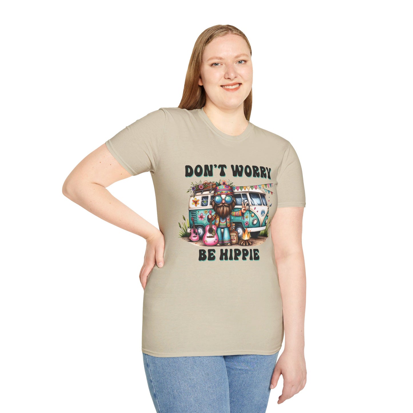 DON'T WORRY, BE HIPPIE. Cotton, Short Sleeve, Crew Neck Tee.