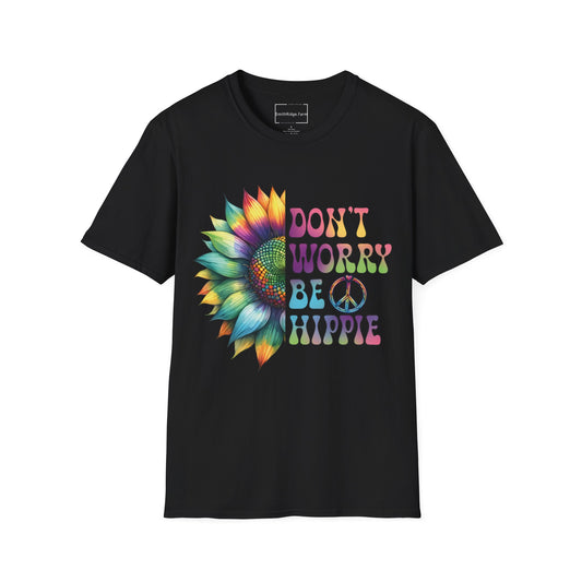 DON'T WORRY BE HIPPIE. Cotton, Short Sleeve, Crew Neck Tee.