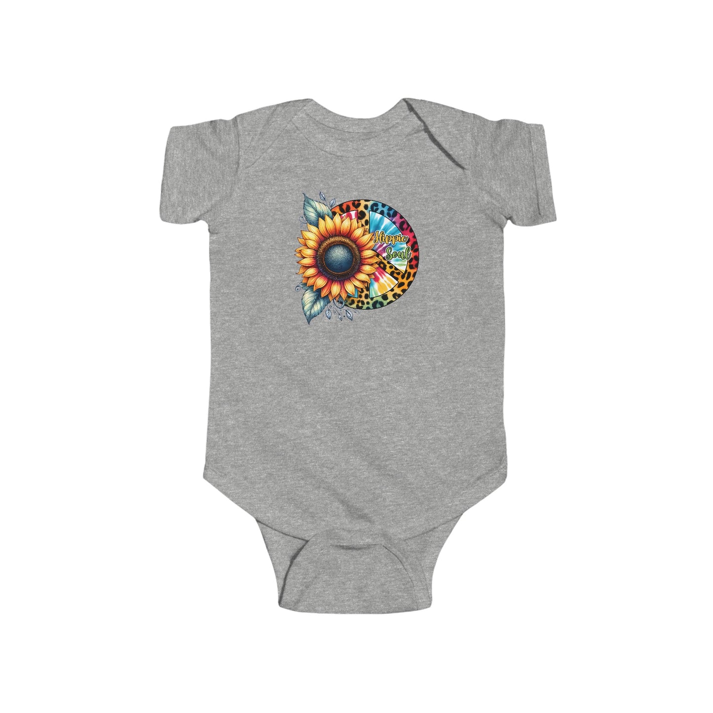 HIPPIE SOUL, SUNFLOWER, PEACE SYMBOL. Infant Fine Jersey Bodysuit.