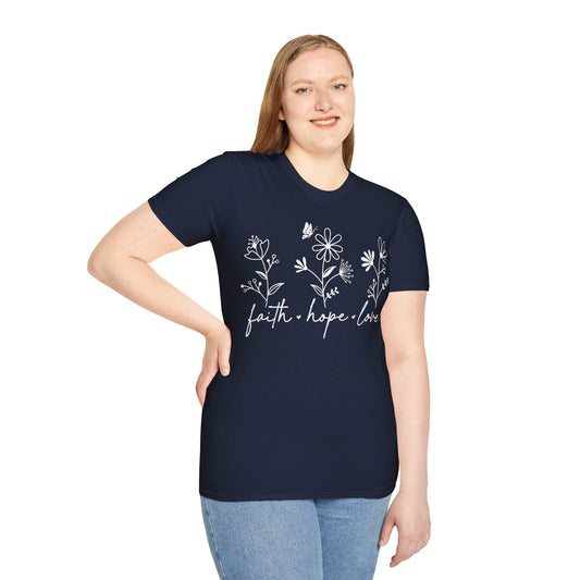 FAITH, HOPE, LOVE, FLOWERS. Cotton, Short Sleeve, Crew Neck Tee in Dark Colors.